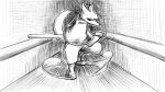 16:9 anthro boots canid canine canis cape clothing dragonweirdo english_text eye_patch eyewear footwear hallway handrail hi_res kimera_(dragonweirdo) male mammal melee_weapon monochrome pose scabbard shoes smoke solo sword text weapon widescreen wolf
