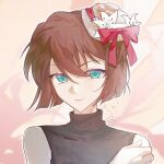  13lonelyg 1girl aqua_eyes bare_shoulders black_shirt bow brown_hair closed_mouth commentary_request flower haibara_ai hair_between_eyes hat hat_bow hat_flower highres looking_at_viewer meitantei_conan mini_hat red_bow shirt short_hair sleeveless sleeveless_shirt solo swept_bangs turtleneck turtleneck_shirt watermark white_hat white_lily 