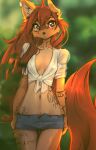 absurd_res anthro apogee_(tinygaypirate) arm_tattoo backlighting bottomwear breasts bridge_piercing brown_eyes brown_hair canid canine canis cheek_piercing cheek_tuft clothing countershade_legs countershade_torso countershading daisy_dukes denim denim_bottomwear denim_clothing denim_shorts depth_of_field domestic_dog ear_piercing ear_ring emotionless eyebrow_through_hair eyebrows eyelashes eyelashes_through_hair facial_piercing facial_tattoo facial_tuft female fluffy fluffy_tail freckled_ears freckled_face freckles fur gauged_ear hair hi_res hip_tuft hotpants inner_ear_fluff leg_tattoo light lighting long_hair long_tail mammal markings midriff mottled mottled_nose navel neck_tattoo nose_piercing outside patch_(marking) piercing plant portrait ring_piercing rolled_up_sleeves shirt shorts slim small_breasts solo spitz standing tail tan_body tan_countershading tan_fur tan_inner_ear tan_inner_ear_fluff tan_markings tattoo thigh_gap three-quarter_portrait tied_shirt tinygaypirate topwear translucent translucent_clothing translucent_hair tuft waist_tattoo wide_hips