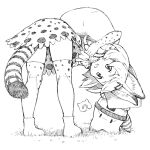  1girl :d animal_ears animal_print ankle_boots backpack bag bare_shoulders bent_over boots bow bowtie commentary dot_nose elbow_gloves eyelashes footwear_ribbon from_behind full_body gloves grass greyscale holding_strap japari_symbol kemono_friends looking_at_viewer lucky_beast_(kemono_friends) miniskirt monochrome open_mouth outdoors ribbon serval_(kemono_friends) shirt short_hair simple_background skirt sleeveless sleeveless_shirt smile solo striped_tail tail tail_under_clothes tareme thighhighs upside-down white_background yug_(ekaki) zettai_ryouiki 