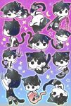  1boy animal_ears black_eyes black_hair black_socks black_tank_top cat_boy cat_ears cat_tail chibi chibi_only closed_eyes closed_mouth colored_skin commentary_request gradient_background grey_shorts highres kemonomimi_mode light_bulb looking_at_viewer male_focus omori omori_(omori) shirotsume_143 shorts socks solo striped_clothes striped_shorts tail tank_top translation_request twitter_username vertical-striped_clothes vertical-striped_shorts white_skin 