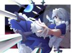  1girl absurdres apron back_bow blue_dress blue_eyes bow braid chinese_commentary chromatic_aberration closed_mouth commentary_request dress frilled_dress frills gguoddl green_bow grey_hair hair_bow highres izayoi_sakuya knife long_hair looking_at_viewer maid maid_headdress puffy_short_sleeves puffy_sleeves short_sleeves smile solo throwing_knife touhou twin_braids waist_apron weapon white_apron white_bow 
