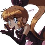  1990s_(style) 1girl bare_shoulders black_gloves blue_eyes bow brown_hair closed_mouth dress elbow_gloves gloves hair_ribbon haneoka_meimi highres kaitou_saint_tail long_hair looking_at_viewer orange_hair ponytail purple_gloves retro_artstyle ribbon saint_tail sidelocks simple_background sleeveless sleeveless_dress smile solo upper_body white_background z1vfcd2 