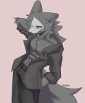 absurd_res anthro arm_tuft awkward_expression big_tail black_body black_bottomwear black_clothing black_collar black_ears black_fur black_pants black_shirt black_tail black_topwear bodily_fluids bottomwear changed_(video_game) cheek_tuft chest_tuft clothed clothing collar dark_latex elbow_tuft facial_tuft fluffy fluffy_tail fur hand_behind_head hand_in_pocket hi_res iyuix06 looking_aside male muscular muscular_anthro nipples open_clothing open_shirt open_topwear pants pink_background pockets puro_(changed) shirt signature simple_background solo standing sweat sweatdrop tail topwear tuft white_eyes white_mask