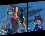 2026 5:4 absurd_res accessory anime_reference anthro arwing black_lipstick blue_body blue_eyes blue_fur blue_hair blush breasts canid canine canon_couple clothing cowboy_bebop dipstick_tail duo e_pppg_art female fox fox_mccloud fur furgonomics gloves green_eyes gun hair handwear hi_res inner_ear_fluff jacket jumpsuit krystal_(star_fox) lipstick looking_at_another looking_at_viewer makeup male mammal markings nintendo ranged_weapon scouter signature simple_background smile smiling_at_another smiling_at_viewer spacecraft spacesuit star_fox super_smash_bros. tail tail_accessory tail_markings tailband topwear tuft vehicle weapon whiskers whispering white_body white_fur