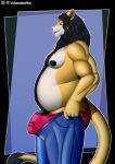 anthro big_bulge black_mane black_nipples black_penis bottomwear bulge clothing daddy_kink daddy_palmarian dark_nipples dark_penis felid genitals hi_res lion male mammal mane muscular nipples overweight palmarianfire pantherine pants penis solo underwear whiskers