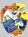 3_toes 4_fingers anthro barefoot blue_bottomwear blue_clothing blue_pants blush blush_lines bottomwear brown_body brown_fur canid canine canis clothing collared_shirt domestic_dog dress_shirt duo feet fingers fur heart_symbol hi_res hug lagomorph male male/male mammal max_(sam_and_max) mroamin nude_anthro pants sam_and_max samuel_dog sharp_teeth shirt sitting smile smiling_at_another tail tail_motion tailwag teeth toes topwear white_body white_clothing white_fur white_shirt white_topwear