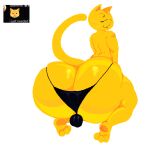 anthro backsack balls balls_in_panties balls_in_underwear big_butt biped bottom_heavy butt cat_emoji digital_media_(artwork) domestic_cat english_text feet felid feline felis fur genitals huge_butt hyper hyper_butt kneeling looking_at_viewer looking_back looking_back_at_viewer male male_anthro mammal paws reference_image reference_inset simple_background soles solo tail text toes toumie_(artist) white_background yellow_body yellow_fur