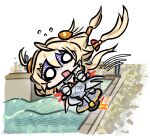  1girl ahoge al_7xyz blonde_hair falling flying_sweatdrops highres long_hair motor_vehicle o_o on_scooter open_mouth phoenix_reffaella scooter solo tripping water zenless_zone_zero 
