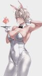  1girl absurdres animal_ears arm_behind_head armpit_crease armpits black_bow black_bowtie blonde_hair blush bow bowtie breasts cleavage covered_navel dessert detached_collar food full_cleavage gloves hair_over_one_eye highres holding holding_plate kobun0 large_breasts looking_at_viewer navel original plate playboy_bunny purple_eyes rabbit_ears rabbit_tail reese_(kobun0) simple_background solo tail teeth thighhighs tomboy white_background white_gloves white_hair white_thighhighs white_wrist_cuffs wolf_cut wrinkled_fabric wrist_cuffs 
