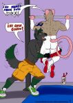 2022 abs anthro assisted_exposure bottle bottomwear brown_body brown_fur butt canid canine canis clothing colored container dated dialogue duo exercise footwear fur green_body green_fur green_hair green_tail gym gym_bro hair hi_res inside jewelry long_tail male male/male mammal murid murine muscular muscular_male nash_ashton_(whitecolt_productions) necklace nipples nude nude_male open_mouth open_smile orange_bottomwear orange_clothing orange_pants orange_shorts pants pantsing pink_nipples pink_tail profanity pull-up_(exercise) pull_up_bar rat rat_tail rear_view rodent sharp_teeth shoes shorts smile sneakers spanish_text speech_bubble tail tail_motion tailwag tattoo teeth text tongue undressing_another url water_bottle whiskers white_body white_butt white_fur whitecolt_productions wolf workout yelling
