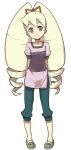  1girl arms_behind_back bad_id blonde_hair bow cosplay drill_hair green_eyes hair_bow heriyama hope_stelar_(mega_man) hope_stelar_(mega_man)_(cosplay) long_hair looking_at_viewer luna_platz_(mega_man) mega_man_(series) mega_man_star_force_(series) purple_shirt shirt simple_background smile twin_drills very_long_hair white_background 