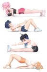  >_< 4girls ? absurdres bare_arms black_flower black_hair black_horns black_tank_top blue_hair blue_shorts blunt_bangs blush breasts breasts_on_own_face cleavage colored_inner_hair commentary crop_top dolphin_shorts earrings english_commentary exercising feather_earrings feathers flower flying_sweatdrops from_side full_body green_feathers green_hair hair_intakes hanging_breasts highres hololive hololive_english horn_flower horns inconvenient_breasts jewelry knees_up large_breasts long_hair lying midriff mole mole_under_eye mori_calliope multicolored_hair multiple_girls navel nerissa_ravencroft no_socks on_back open_mouth orange_hair orange_shorts ouro_kronii pink_eyes pink_hair pink_shorts ponytail prab push-ups shoes short_shorts shorts sidelocks simple_background sneakers sports_bra stretching takanashi_kiara tank_top virtual_youtuber white_background white_shoes white_sports_bra white_tank_top 