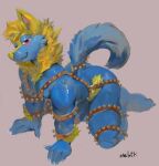 all_fours anthro bell bell_harness blonde_hair blue_body blue_fur blue_penis blue_tail canid canine cheek_tuft claws dialuca01 erection facial_tuft finger_claws fur generation_3_pokemon genitals hair harness hi_res humanoid_genitalia humanoid_penis looking_at_viewer male male_anthro mammal manectric manny_raibolt narrowed_eyes nintendo nude oselotti penis pokemon pokemon_(species) red_eyes short_hair signature simple_background smile solo tail tuft white_claws yellow_nose