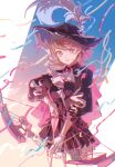  1girl arknights ascot black_dress black_hat blue_background bow_(weapon) brown_eyes brown_hair cavalier_hat chinese_commentary commentary_request cowboy_shot dress earrings flipped_hair gloves hat hat_feather highres holding holding_bow_(weapon) holding_weapon jewelry long_sleeves looking_at_viewer moleculesound official_alternate_costume persona persona_3 puffy_sleeves short_hair solo standing streamers takeba_yukari takeba_yukari_(in_vigil_of_dawn_and_dusk) weapon white_ascot white_gloves 