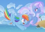 bikini blue_body clothed clothed_feral clothing cutie_mark detailed_background duo equid equine eyelashes feathered_wings feathers female feral flying friendship_is_magic hair hasbro hi_res horn itoruna mammal multicolored_hair my_little_pony mythological_creature mythological_equine mythology open_mouth outside pegasus pupils purple_eyes quadruped rainbow_dash_(mlp) smile swimwear tail trixie_(mlp) two-piece_swimsuit unicorn water wings