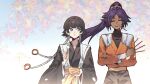  2girls black_hair black_kimono bleach bowl closed_eyes closed_mouth commentary crossed_arms dango dark-skinned_female dark_skin eating eyelashes facing_viewer food high_ponytail highres holding holding_bowl holding_food holding_stick japanese_clothes kimono long_hair long_sleeves looking_at_another multiple_girls open_mouth ponytail purple_hair sanshoku_dango shihouin_yoruichi short_hair stick sui-feng teeth untranslatable_commentary upper_teeth_only wagashi wide_sleeves yumi_xsh 
