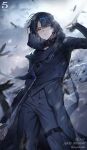  1boy black_gloves black_hair black_jacket black_pants black_scarf black_shirt character_name commentary_request feathers fingerless_gloves gloves highres holding holding_weapon hood hood_up itsuki_(paradox_live) jacket japduksakki korean_commentary long_sleeves male_focus neck_tattoo pants paradox_live scarf shirt short_hair snow tattoo turtleneck weapon yellow_eyes 