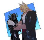  2boys animal_ears bara beard blonde_hair book cat_ears character_request cloak colored_skin commentary_request facial_hair final_fantasy final_fantasy_xiv from_side frown full_beard grey_skin height_difference highres holding holding_book hood hooded_cloak interspecies large_hands large_pectorals male_focus mature_male mole mole_under_eye monster_boy multiple_boys muscular muscular_male original pectoral_cleavage pectorals pointy_ears profile ran-kun_(shi) red_eyes roegadyn shi_(pixiv_24993110) size_difference smirk thick_beard thick_eyebrows warrior_of_light_(ff14) yaoi 