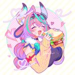  1girl absurdres ahoge animal_ears braid breasts closed_eyes cow_ears cow_horns drooling eating food genshin_impact hairband heart highres holding holding_food holding_sandwich horns large_breasts long_hair mouth_drool sandwich twin_braids varesa_(genshin_impact) yasagenshin 