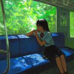  1girl black_eyes black_hair black_skirt black_socks bow bowtie chinese_commentary collared_shirt commentary_request elbow_rest feet_out_of_frame hand_grip head_on_hand head_rest highres long_hair looking_back looking_outside no_pupils on_bench original profile realyangtuo red_bow red_bowtie school_uniform shirt shirt_tucked_in short_sleeves sitting skirt slice_of_life socks solo straight_hair train_interior twisted_torso white_shirt window 