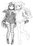  2girls akemi_homura akuma_homura bow cleavage_cutout clothing_cutout commentary_request dress elbow_gloves flat_chest frilled_dress frills gloves graphite_(medium) greyscale hair_bow hairband highres kaname_madoka long_hair mahou_shoujo_madoka_magica mahou_shoujo_madoka_magica_(anime) monochrome multiple_girls short_dress smile thighhighs traditional_media two_side_up ultimate_madoka very_long_hair wings yug_(ekaki) zettai_ryouiki 