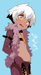  1boy arm_belt belt big_belly black_belt blue_background blush brown_gloves brown_jacket chain collar colored_eyebrows commentary_request cowboy_shot dark-skinned_male dark_hunter_(sekaiju) dark_hunter_3 dark_skin fur-trimmed_jacket fur_trim gloves jacket looking_at_viewer male_focus open_clothes open_jacket open_mouth sekaiju_no_meikyuu sekaiju_no_meikyuu_1 short_hair simple_background small_sweatdrop solo standing suno_(imydream) translation_request wavy_mouth white_hair 