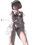  1girl artist_name bikini black_bikini breasts chest_jewel closed_mouth collarbone commentary_request completion_time cowboy_shot green_eyes green_hair highres jacket looking_to_the_side miyabi_(xenoblade) open_clothes open_jacket riro_(breakthrough_rr) see-through_clothes see-through_jacket short_hair simple_background small_breasts solo swimsuit swimsuit_cover-up twitter_x_logo white_background xenoblade_chronicles_(series) xenoblade_chronicles_3 