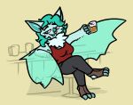 2026 against_furniture against_surface against_table alcohol aliasing anthro bar bar_stool bat beer beer_mug beverage big_breasts bizart blue_body blue_eyes boots bottomwear breasts cheering claws clothed clothing crossed_legs detailed_background digital_media_(artwork) fangs feet female footwear fur furniture hair leaning leaning_backward leaning_on_table legwear looking_at_viewer mammal membrane_(anatomy) membranous_wings open_mouth pants scut_tail semi-anthro shirt shoes short_tail smile solo stool table tail teal_body teal_fur teal_hair teeth toes topwear translucent translucent_body winged_arms wings