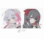  2girls beret black_choker black_hair black_shirt black_suit border bow choker closed_mouth collage collared_shirt dot_nose finger_heart flower gradient_hair hair_bow hair_flower hair_ornament hat hat_flower hat_ribbon heart heart_hands inagoinaire long_hair looking_at_viewer mahou_shoujo_no_majo_saiban multicolored_hair multiple_girls nikaido_hiro o-ring o-ring_choker official_alternate_costume open_mouth pink_eyes pink_hair portrait red_eyes red_flower ribbon sakuraba_ema shirt short_hair simple_background smile suit white_background white_border white_flower white_hair white_hat white_shirt x_hair_ornament 