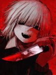  1boy absurdres black_eyes blood blood_on_knife cinnotomon close-up collared_shirt commentary_request highres holding holding_knife knife long_sleeves looking_at_viewer male_focus medium_hair saihate_eki shirt solo tatsunami_shion upper_body white_hair 
