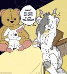 2026 absurd_res android anthro asking beverage chair clothed clothing coat english_text fangs felid fur furniture grey_hair hair hair_over_eyes hi_res horn jointed_legs leopard_spots machine male mammal pantherine pink_nose plushie robot sitting spots tea teeth text the_man topwear white_body white_fur white_hair