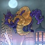 2021 abdominal_bulge akira_(awoogasm) awoogasm building claws dragon eastern_dragon fangs feral fullmoon fur half-closed_eyes hi_res horn inner_ear_fluff levitation looking_at_viewer male midair mythological_creature mythological_scalie mythology narrowed_eyes night nude open_mouth scales scalie signature soft_vore solo tail teeth tongue tongue_out tuft vore
