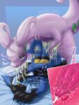 2_penises 3:4 animal_genitalia animal_penis anthro bedding blanket bodily_fluids breath breathing_noises canid cum cum_in_ass cum_inside doggystyle duo english_text eyeshadow from_behind_position generation_4_pokemon generation_6_pokemon genital_fluids genitals glistening glistening_body goodra heart_eyes heart_pupils heart_symbol hearts_around_head hemipenes hi_res lucario makeup male male/male mammal multi_genitalia multi_penis musk nintendo panting penis plap pokemon pokemon_(species) profanity prostate prostate_stimulation sex slime stinkplum sweat text x-ray_view
