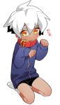  1boy alternate_costume bike_shorts black_bike_shorts blue_jacket closed_mouth collar commentary_request dark-skinned_male dark_hunter_(sekaiju) dark_hunter_3 dark_skin hair_between_eyes hands_up jacket long_sleeves looking_at_viewer male_focus puffy_long_sleeves puffy_sleeves red_collar sekaiju_no_meikyuu sekaiju_no_meikyuu_1 short_hair simple_background sitting socks solo suno_(imydream) translation_request white_background white_hair white_socks yellow_eyes 