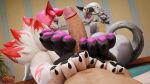 16:9 3d_(artwork) absurd_res anthro bedroom bodily_fluids butt canid canine canis digital_media_(artwork) epic_games eye_contact feet female female_on_human first_person_view foot_fetish foot_focus foot_play footjob fortnite fox genitals group hi_res human human_on_anthro human_pov humanoid inside interspecies kimiko_five-tails looking_at_another male male/female male_on_anthro male_pov mammal multi_tail paws penile penis sex shachath3d smile sweat tail trio widescreen wolf wolfie_(fortnite)