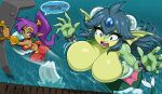 2026 accessory aquatic big_breasts blue_eyes breasts butt clothing crop_top cuff_(restraint) digital_drawing_(artwork) digital_media_(artwork) duo ear_fins ear_piercing ear_ring eyelashes featureless_breasts female fin fish_tail forehead_gem gem genie giga_mermaid glistening glistening_butt glowing glowing_eyes gold_(metal) gold_jewelry green_body hair hair_accessory hi_res huge_breasts humanoid humanoid_pointy_ears jewelry jumping long_hair looking_at_another looking_at_breasts looking_at_own_breasts looking_at_self macro_female macro_humanoid meralo merfolk pearl_(gem) piercing pink_body pointy_ears ponytail purple_hair red_clothing restraints ring_piercing shake_lines shantae shantae_(series) shirt size_difference smaller_female smaller_humanoid smile split_form surprised tan_body topwear undressing_another water wayforward wrist_cuffs