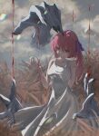  1girl absurdres arm_behind_back bare_shoulders black_nails blood blood_drip blood_on_hand breasts character_request cloud cloudy_sky collarbone commentary day disembodied_hand dress feet_out_of_frame fingernails grass hair_ribbon hand_up hemokinesis highres kyonkyon71 large_breasts long_dress long_hair muted_colors one_piece outdoors pale_skin pink_hair purple_ribbon red_eyes ribbon sharp_fingernails side_ponytail signature sky sleeveless sleeveless_dress solo tall_grass white_dress 