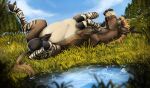 animal_genitalia asinus balls big_balls brown_body brown_fur digital_media_(artwork) donkey equid equine equine_genitalia eyes_closed feral folded_legs fur genitals hair hi_res hooves huge_balls lying_on_ground male mammal meadow nude on_ground orange_body orange_fur orange_hair pond sean_(kofichee) solo striped_body striped_fur stripes tail venlightchaser