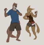 absurd_res alexyz_kun anthro bag_over_shoulder barefoot black_clothing black_shirt black_tank_top black_topwear blue_clothing blue_shirt blue_t-shirt blue_topwear bottomwear brown_body brown_fur canid canine chase_hunter clothing duo echo_(game) echo_(series) echo_project facial_hair feet female fox fur goatee hi_res holding_object holding_pokeball jenna_begay male mammal mustelid nintendo otter pokeball pokemon shirt shorts simple_background sling_bag standard_pokeball standing t-shirt tail tank_top topwear