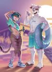absurd_res anthro beverage_can bikini bracelet breasts camel_toe canid canine canis choker clothing domestic_cat domestic_dog drinking_straw duo eyes_closed eyewear fangs felid feline felis female footwear gold_(metal) gold_bracelet gold_jewelry grand_theft_auto grand_theft_auto_vi gta_vi_cover_girl heart_symbol hi_res jewelry male mammal motion_lines necklace open_mouth open_smile pool_float razzyidfa rockstar_games shoes smile sneakers sunglasses sunglasses_lift swimming_pool swimming_trunks swimwear teeth tongue tongue_out two-piece_swimsuit