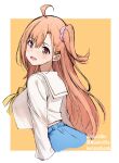  1girl ahoge blue_shorts blush bow bowtie commentary_request gengoroh hair_ornament hair_scrunchie highres ikizulive!_love_live!_bluebird long_hair long_sleeves looking_at_viewer love_live! one_side_up orange_hair pink_scrunchie sailor_collar sailor_shirt scrunchie shirt shorts solo takahashi_polka white_sailor_collar white_shirt yellow_bow yellow_bowtie 