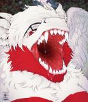absurd_res anthro bodily_fluids cel_shading digital_drawing_(artwork) digital_media_(artwork) dragon dripping eyewear facial_piercing fangs feathered_wings feathers flat_colors fur furred_dragon furred_scalie glasses hair hi_res horn little_horns male mouth_shot mythological_creature mythological_scalie mythology nose_piercing nose_ring open_mouth piercing red_body red_eyes red_fur red_insides red_mouth red_tongue ring_piercing saliva saliva_drip saliva_on_tongue saliva_string scalie seregore shaded simple_background solo teeth teeth_showing tongue white_body white_fur wings