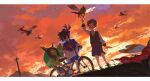  2boys absurdres arm_up bicycle bin_aham black_hair black_socks black_sweater_vest brown_hair closed_eyes cloud collared_shirt commentary crossed_bangs evening florian_(pokemon) gloves grass hair_between_eyes highres kieran_(pokemon) letterboxed male_focus mountain multiple_boys ogerpon open_mouth orange_sky pokemon pokemon_(creature) pokemon_scarlet_and_violet power_lines purple_hair red_gloves shirt shorts single_glove sky socks standing sunset sweater_vest twilight untranslatable_commentary utility_pole white_shirt yanma yellow_eyes 