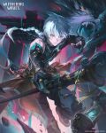  1boy absurdres black_gloves black_pants black_shirt blue_hair braid commentary elbow_gloves english_commentary gate gloves green_eyes hair_between_eyes heterochromia highres holding holding_polearm holding_weapon jingran_(wuthering_waves) lantern logo long_hair looking_at_viewer male_focus official_art pants polearm shirt smile solo tacet_mark_(wuthering_waves) weapon wuthering_waves yellow_eyes 