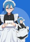  1girl apron blue_background blue_hair blush breasts buttons closed_mouth colored_eyelashes commentary_request crossed_bangs earrings goldluck hair_between_eyes hands_up highres holding holding_paper jewelry long_sleeves love_live! love_live!_superstar!! maid_apron maid_headdress paper simple_background smile stud_earrings wakana_shiki 