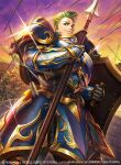  1boy armor arrow_(projectile) artist_name commentary_request copyright_name draug_(fire_emblem) fire_emblem fire_emblem:_mystery_of_the_emblem fire_emblem_cipher gloves green_eyes green_hair male_focus official_art polearm rain_of_arrows shield sky solo spear tajima_yukie tree weapon 