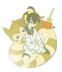  1boy ahoge black_hair black_socks closed_mouth collared_shirt commentary_request dipplin furret hair_between_eyes hairband highres jacket kieran_(pokemon) korean_commentary long_sleeves male_focus necktie pokemon pokemon_(creature) pokemon_scarlet_and_violet red_necktie shirt short_hair shorts socks spread_legs up0pu white_background white_jacket white_shorts yellow_eyes yellow_hairband 