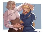 2024 5_fingers animal_humanoid arm_over_head avian avian_humanoid biped blonde_hair blue_background border bottomwear brown_bottomwear brown_claws brown_clothing choker claws clothed clothing colored colored_nails corset delicious_in_dungeon digital_drawing_(artwork) digital_media_(artwork) dress duo elf eyes_closed face_to_face falin_touden feathers female fingernails fingers hair half-length_portrait hand_holding hi_res humanoid humanoid_pointy_ears iri0y jewelry lingerie lips long_hair marcille_donato nails necklace open_mouth outline pointy_ears portrait purple_fingernails purple_nails red_choker red_jewelry red_necklace shaded short_hair simple_background size_difference smile standing stitch_(sewing) straight_hair tan_body teal_clothing teal_dress teeth topwear white_body white_border white_dress_shirt white_feathers