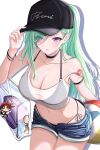  1girl absurdres arm_strap bag bag_charm ball bare_shoulders baseball_cap beachball bikini bikini_bottom_under_shorts bikini_top_under_shirt bikini_under_clothes black_bikini black_choker black_hat bracelet breasts character_charm character_name charm_(object) choker cleavage commentary crop_top denim denim_shorts eyes_visible_through_hair green_hair hair_over_one_eye hand_on_headwear hat highres hiiragi_tsurugi holding holding_bag holding_ball holding_beachball jewelry konta_desu large_breasts long_hair looking_at_viewer lotion midriff mole mole_on_breast navel neo-porte open_fly open_mouth ponytail purple_eyes shirt short_shorts shorts shoulder_tattoo side-tie_bikini_bottom simple_background solo strap_slip string_bikini sunglasses sunscreen swimsuit tank_top tattoo transparent_bag unworn_eyewear virtual_youtuber vspo! white_background white_shirt white_tank_top yakumo_beni 